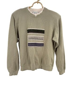 Koret Light Olive Ribbed Top sweatshirt vintage M embroidered patchwork floral